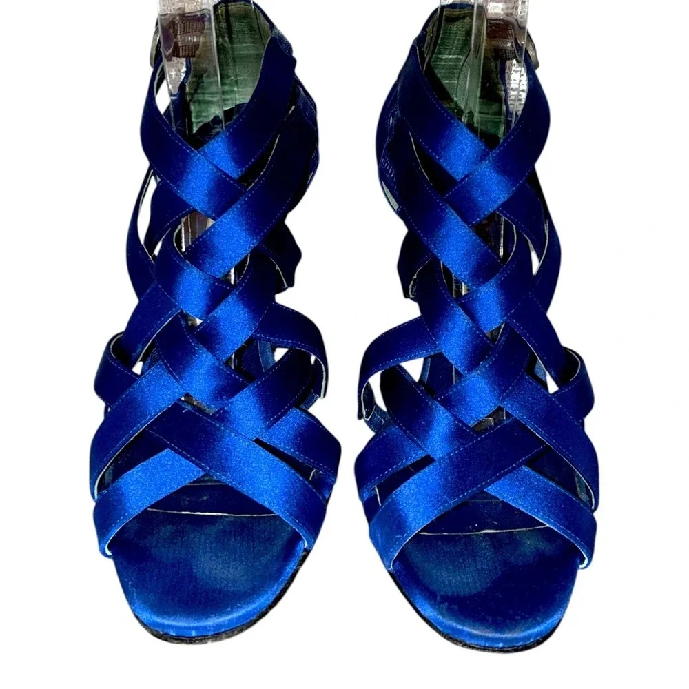 Manolo Blahnik Blue Satin Strappy Cage‎ Sandals Heels EU 37 Made in Italy